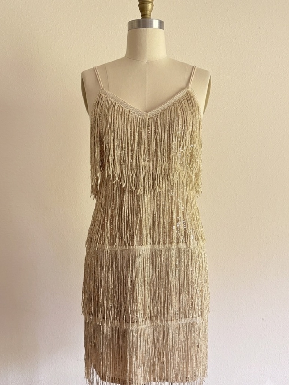 Gold Sequin Fringe Flapper Mini Dress - Party Night Out - Size M